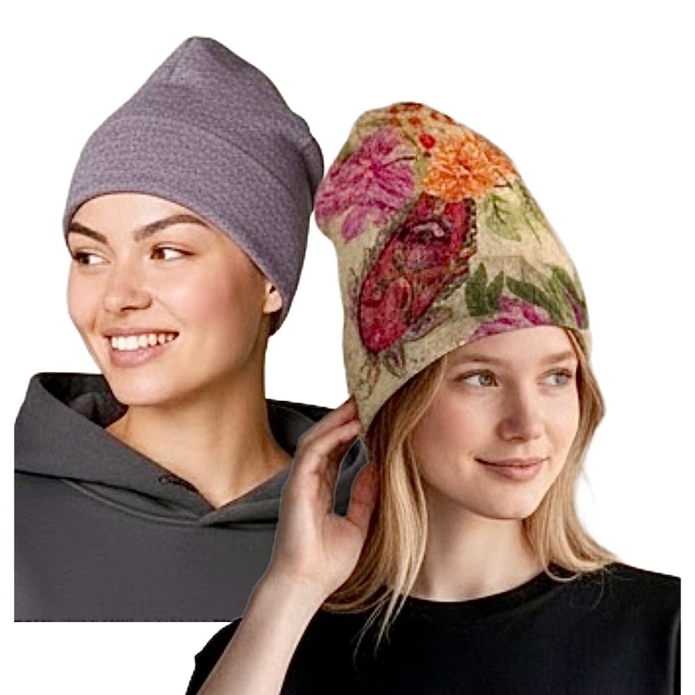 Upcycled Merino Wool Beanie Hat 2 Pack Floral Print Solid Lavender | Medium